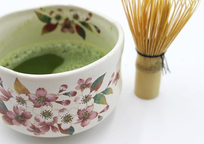 Japanese Traditional Mino Ware Handcrafted Mini Matcha Chawan Tea Bowl Cup Set with Chasen Bamboo Tea Whisk Ceremony Tableware Pottery (Oribe Ume)