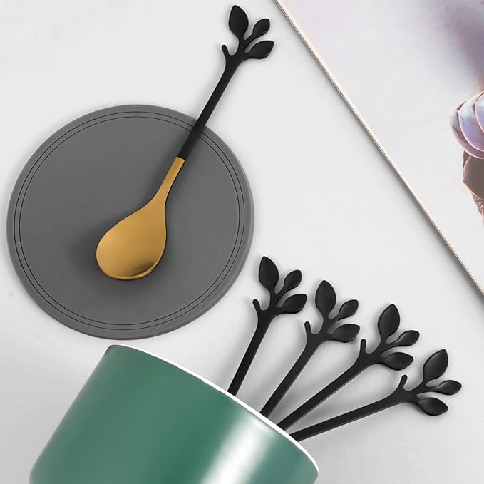 AnSaw 8-Pack Elegant Black & Gold Leaf 4.7" Espresso Spoons - Stainless Steel, Perfect for Coffee, Demitasse, Dessert & Tea, Mini Size for Small Servings