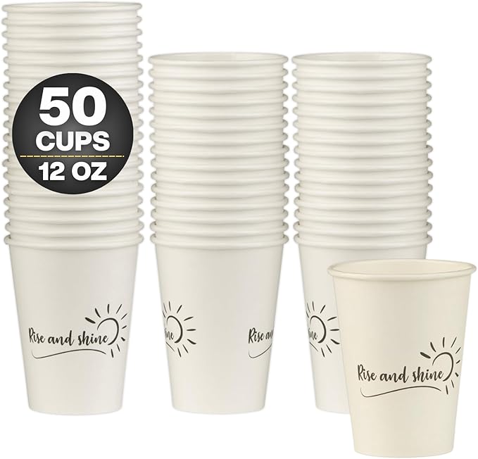 Smygoods Disposable Coffee Cups, To Go Paper Hot Cups, Rise and Shine Design (12 OZ, 50 Count) For Hot Beverages, Coffee, Tea, Espresso, Cocoa - Vasos Para Cafe