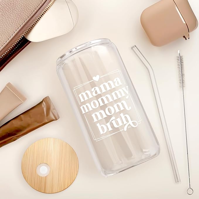 SANDJEST Mother Glass Can, Mama Mommy Mom Bruh Cup with Lid & Straw, Iced Coffee Aesthetic Cups, Idea Gift for Christmas Birthday Mother Day, Gifts for Women, 16oz