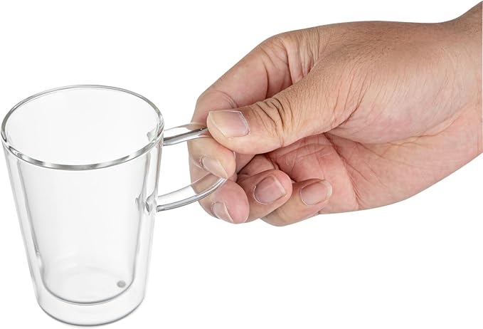 Restaurantware-Forma Professional 5.1 oz Double Wall Glass Mugs, 12 Insulated Coffee Mugs With Handle - Dishwashable, Reusable, Clear Glass Beverage Cups, Freezable, For Hot Or Cold Beverages