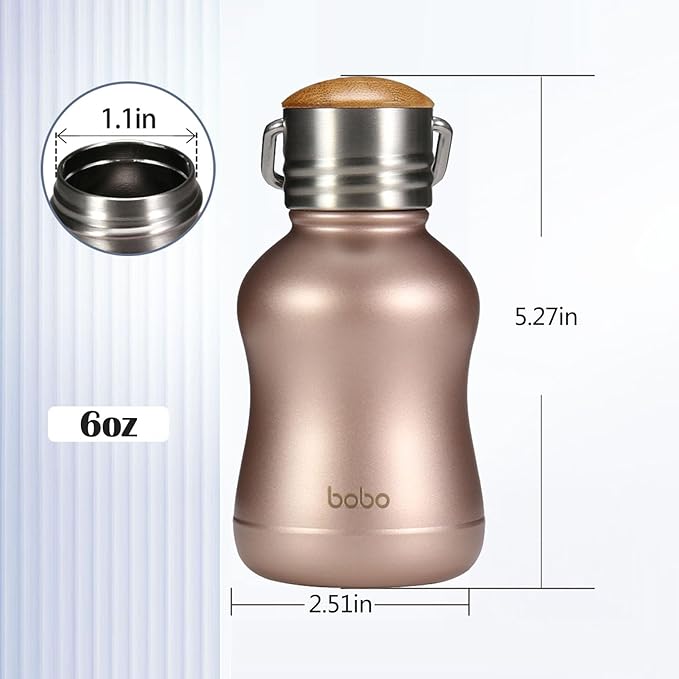 YOHKOH Mini Vacuum Insulated Water Bottle With Bamboo Lid - Stainless Steel Thermos Water Bottle for Women Girls Kids, Metal Sports Hot and Cold Water Bottle Leak-Proof BPA-Free (6.4oz,Gold)