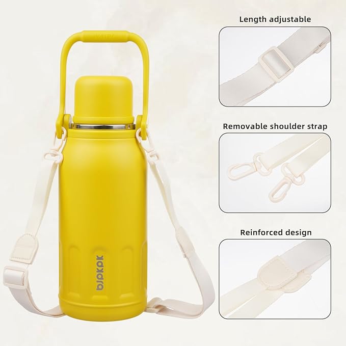 BJPKPK Insulated Thermos 40oz Disherwasher Safe Water Bottle with Handle and Lid Stainless Steel Water Bottles For Cold and Hot Beverages,Yellow