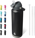 BJPKPK Insulated Water Bottle with Straw Lid, 40oz Large Thermos, BPA Free Leak Proof Stainless Steel Metal Water Bottles, Tumblers, Cups, Flasks for Travel, Sports,Black