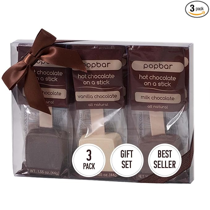 Popbar - Hot Chocolate Sticks, 3 Pack Variety Gift Pack Set Kit- 1 Dark, 1 Milk & 1 Vanilla White. Ideal for Holidays, Birthdays, Thanksgiving, Christmas, Hanukkah, Cocoa Bomb Lovers