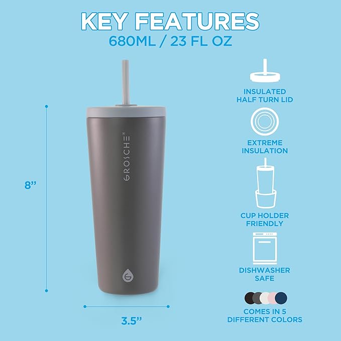 GROSCHE Jasper Insulated Stainless Steel Tumbler With Straw – Travel Cup with Lid, Extreme Insulation & Sleek Design, 23 oz - Grey