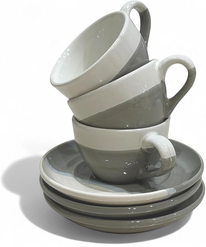 2 Ounce Espresso Cups with Saucers, Mini Ceramic Espresso Cups Set of 6, Espresso Cup Set, Coffee Mug Set for Latte, Macchiato, Demitasse Cups Set for Cafe, Microwave & Dishwasher Safe (Gray)