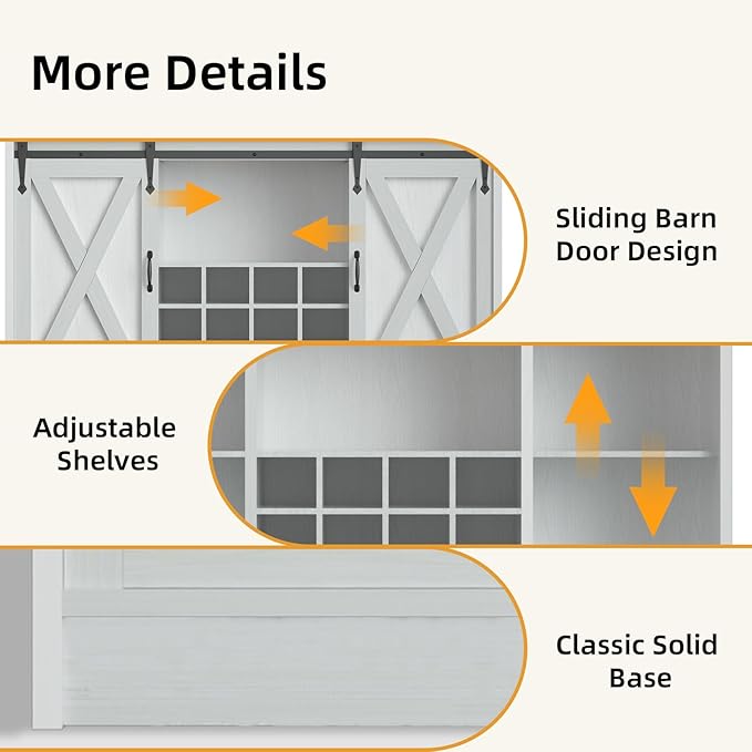 55'' Farmhouse Coffee Bar Cabinet with 3 Tier Storage Hutch, Coffee Bar Station with Sliding Barn Door, Hutch Storage Cabinet with 12 Wine Racks & 9 Hooks for Kitchen Dining Living Room