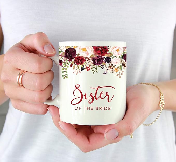Andaz Press 11oz. Wedding Ceramic Coffee Tea Mug Gift, Fall Autumn Marsala Burgundy Flowers Roses Florals, Sister of the Bride, 1-Pack, Includes Gift Box