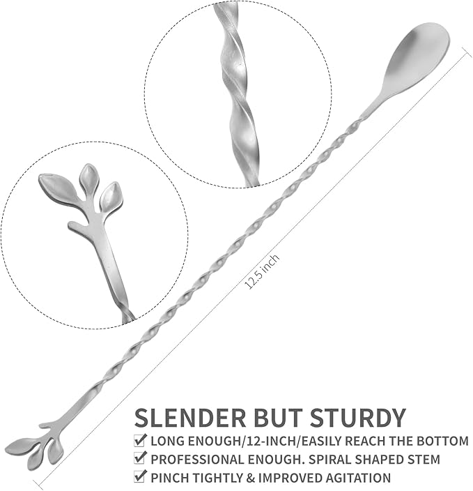 AnSaw Silver 12-Inch Stainless Steel Cocktail Spoon with Leaf Handle - Perfect for Mixing & Layering Drinks in Tall Cups, Bar & Shakers - Durable Long Handle Bar Stirrer,2-Pieces