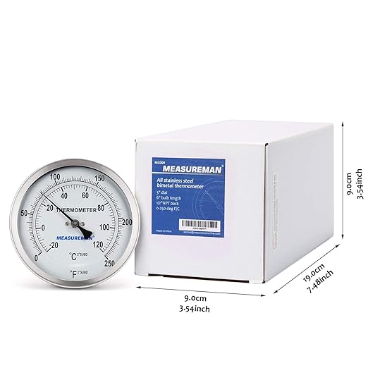 MEASUREMAN Fully Stainless Steel Pot, Kettle, Brewing Bimetal Dial Thermometer, 3" Dial, 6" Stem, 0-250 deg F/-20-120 deg C, -1% Accuracy, Adjustable, 1/2" NPT Back Mount