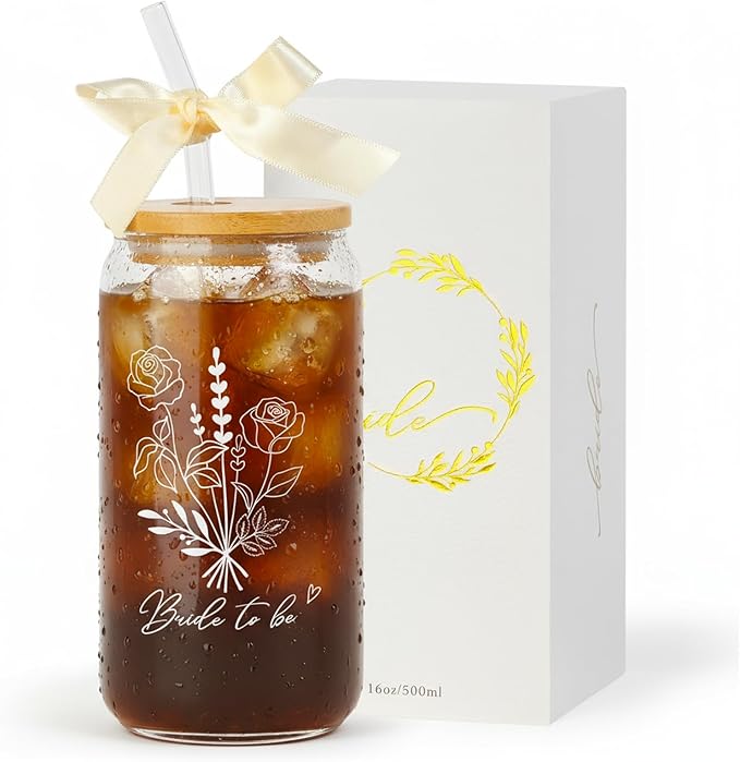 Bride To Be Glass Cup with Lid & Straw-Cute Aesthetic 16oz Iced Coffee Cup Smoothie Tumbler Gift for Engagement Bachelorette Bridal Shower Wedding