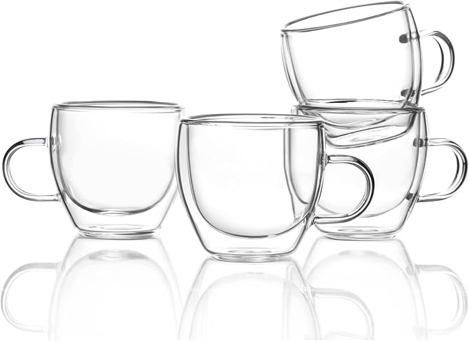 ZONEYILA Double Wall Glass Coffee Mugs Set of 4-6 OZ Insulated Coffee Cups - Clear Glass Drinkware with Handle for Double Espresso, Cappuccino, Latte, Hot/Cold Beverages