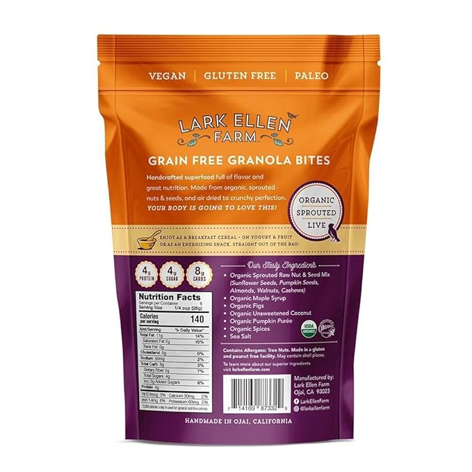 Lark Ellen Farm Grain-Free Granola, Certified Organic Raw Sprouted Vegan Clusters, Paleo & Crunchy Gluten-Free Bites for Cereal or Yogurt, Pumpkin Fig 8 oz, 6 Pack
