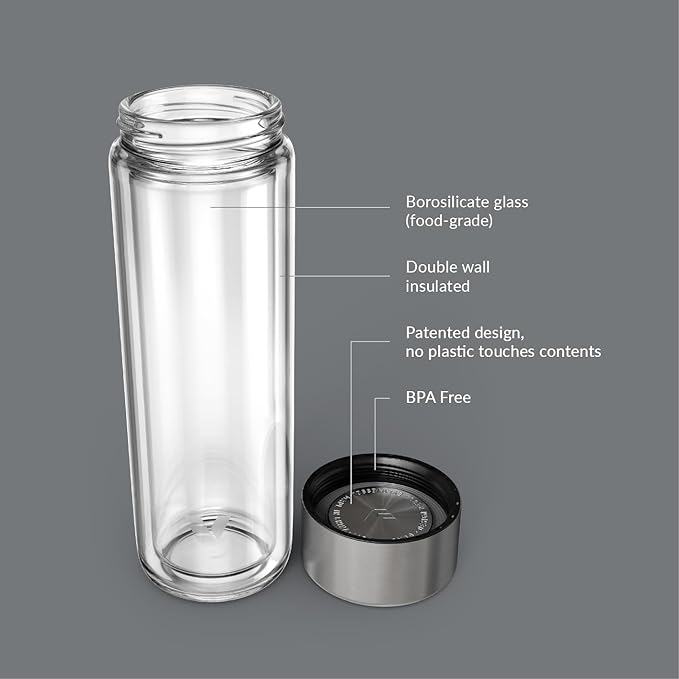 Glass Multi Tea Infuser Bottle 14oz - Double Wall Borosilicate Glass Flask | No Plastic Touches Contents | Perfect for Office or Home