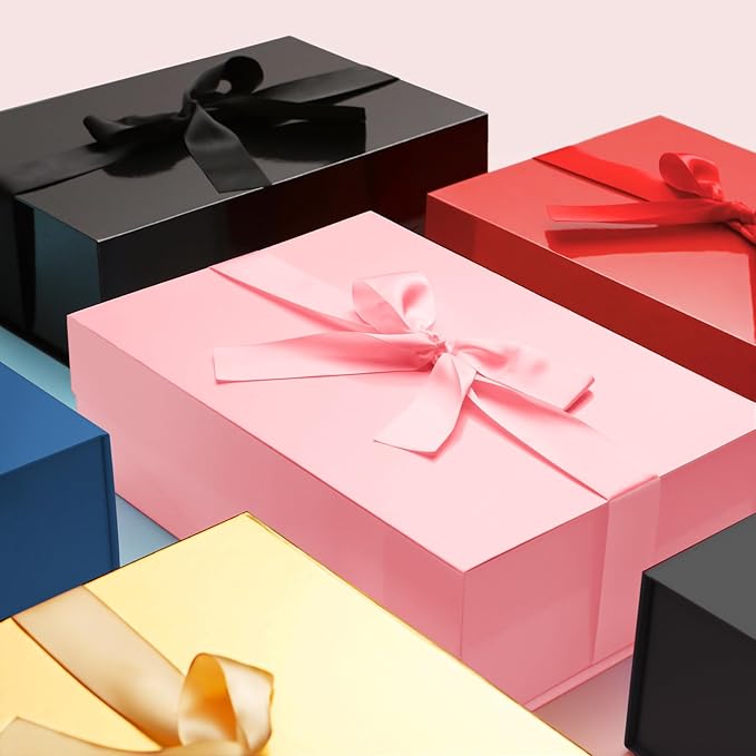 HAPPY POTATO 6 Large Gift Boxes with Lid and Ribbon 11.5x8.1x3.8 Inches, Bridesmaid Proposal Boxes, Magnetic Gift Boxes for Presents (Glossy Pink, Pack of 6)