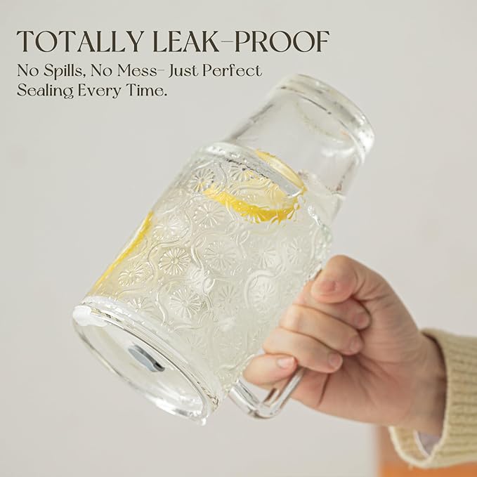 KEMORELA 4-Pack 24 Oz Glass Tumblers with Straws and Lids, Iced Coffee Cups with Begonia Floral Pattern, Smoothie Cups with Handles, Reusable Cold Drinkware, Glass Tumblers for Beverages