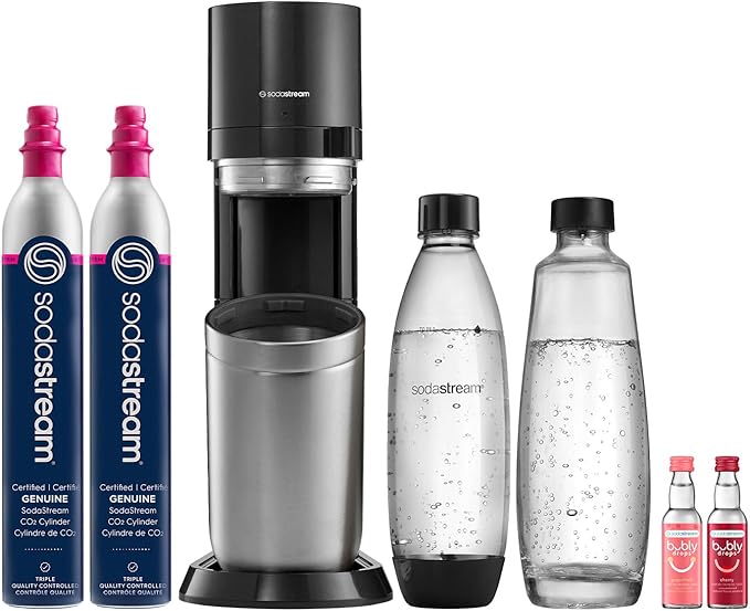 SodaStream E-Duo Sparkling Water Maker Bundle (Black) with CO2, Carbonating Bottle, (1) 1L Glass Bottle and 2x Bubly Drop Flavors