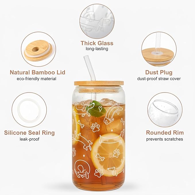Dachshund Glass Cup with Lid & Straw for Dog Lovers - 16oz Cute Funny Weiner Dog Iced Coffee Cup Smoothie Tumbler Dog Owner Gift for Friend, Mom, Wife, Fur Mom, Pet Mommy, Sister, Coworker