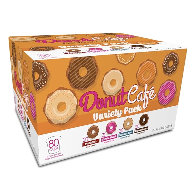 Donut Café Single Serve Coffee Pods for Keurig K Cup Brewers, Light Medium and Dark French Roast, Breakfast Classic Blend, Colombian, Variety Pack, 80 Count