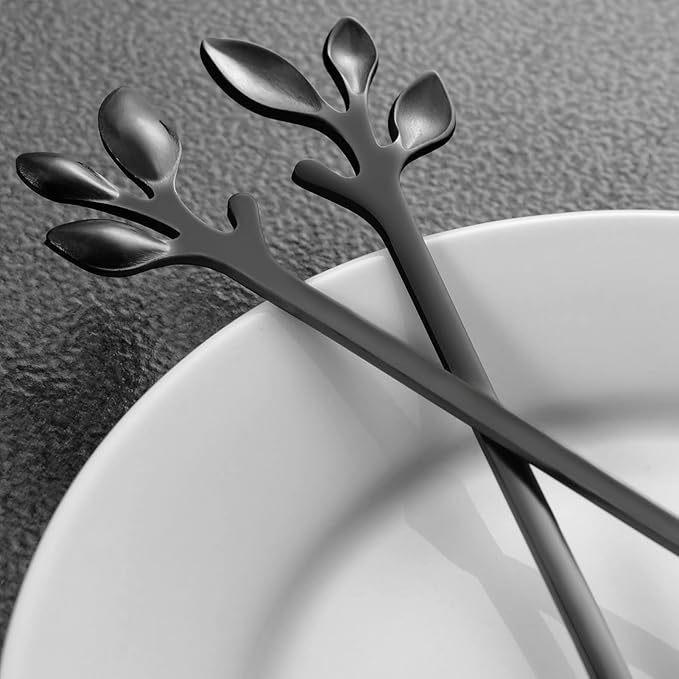 AnSaw 6-Piece Elegant Black Leaf Long Handle Teaspoons - 7.4" Stainless Steel Stir Spoons for Coffee & Tea, Perfect for Mixing & Stirring