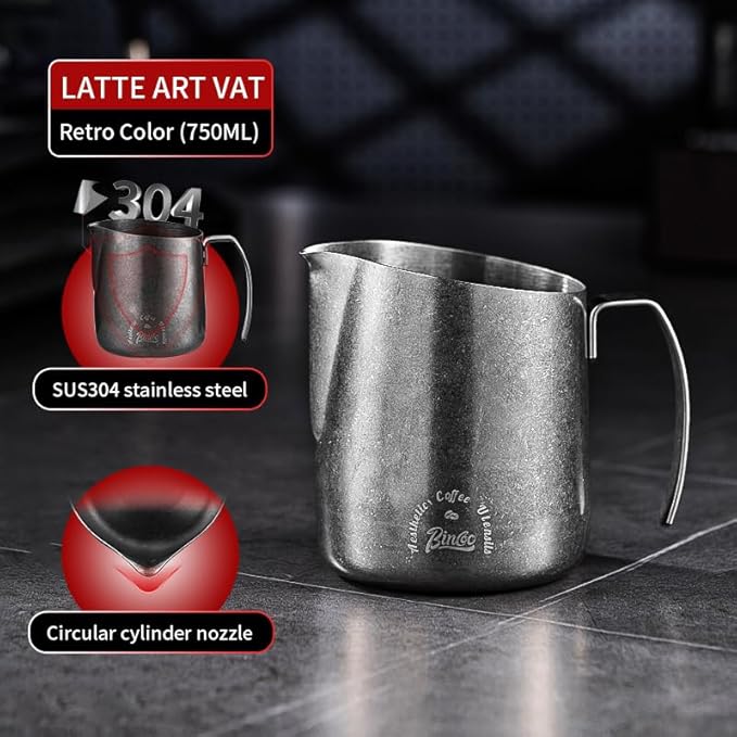 Bincoo Milk Frother Pitcher 750ml (25oz) - Stainless Steel Barista Milk Frothing Cup with Ice Crystals Design - Professional Espresso & Cappuccino Accessories for Coffee Machine,Latte Art