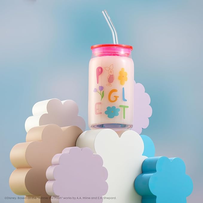 JoyJolt Disney Winnie the Pooh & Friends Flower Power Glass Tumblers with Lids and Straws, 16oz Glass Cups with Lids and Straws, Can Shaped Drinking Glasses Set of 4, Disney Gifts for Adults