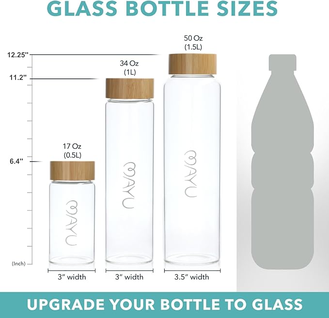 mayu Travel Water Bottle with Bamboo Lid - Borosilicate Glass Eco Friendly BPA Free | Adult and Kids Bottles with Cap - Leak Free Design - Non Toxic Reusable Hydration for Everyday Use | 0.5L, 17OZ