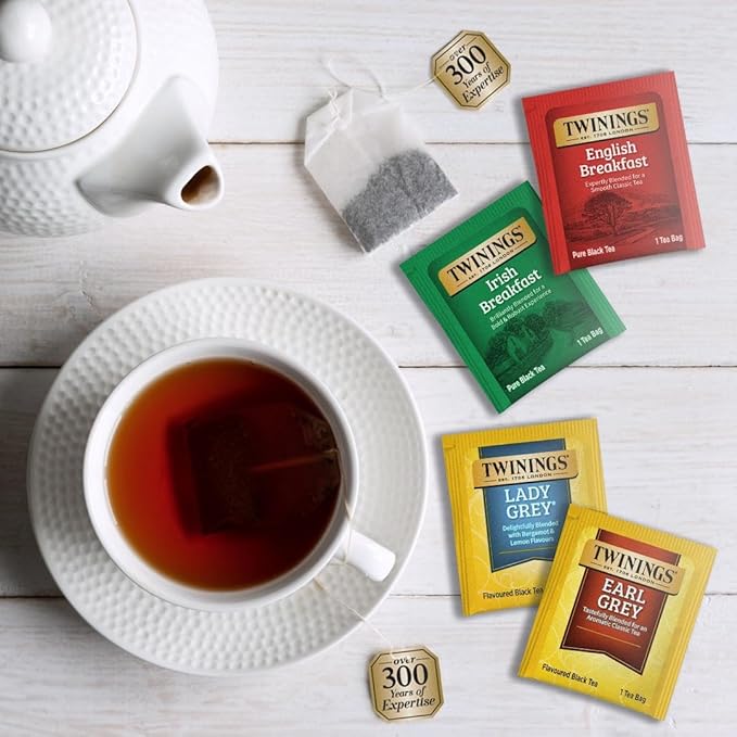 Twinings Variety Pack Black Tea Bags, 20 Count (Pack of 4), Includes English Breakfast, Earl Grey, Irish Breakfast, and Lady Grey, Caffeinated, Enjoy Hot or Iced, 80 Teabags