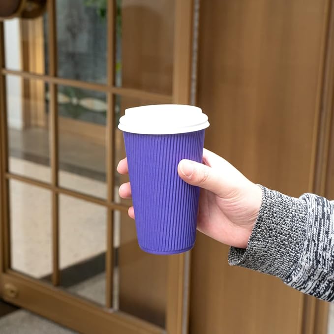 Restaurantware 16 Ounce Ripple Wall Disposable Coffee Cups, 500 Insulated Royal Purple Paper Tumblers with Rolled Rim Design, Lids Sold Separately for Hot Drinks like Tea and More