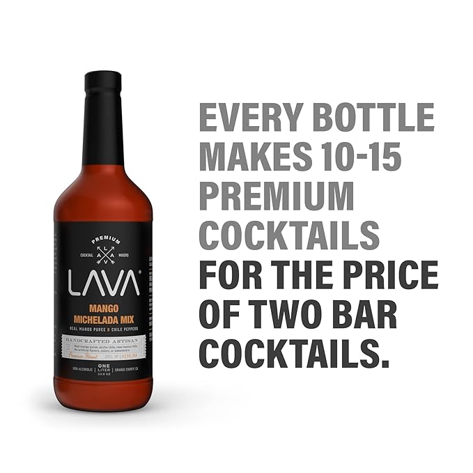 LAVA Premium Mango Michelada Mix Made With Real Mango Puree, Ancho Chile Peppers, New Mexico Chile, Tamarind, Vegan, 1-Liter (33.8oz) Glass Bottle, Ready to Use