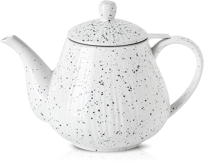 KOOV Ceramic Teapot with Infuser, 40 ounce Tea Pot with Infuser for Loose Tea, Large Enough For 6 Cups, Tea Pot with Tea Strainers, Splash Series (Splashed White)