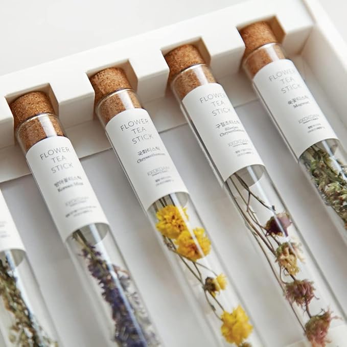 KKOKDAM Fancy Korean Tea Gift Set – Premium Flower Tea Stick Variety Pack with Tray - 5 Loose Leaf Blooming Flower Teas
