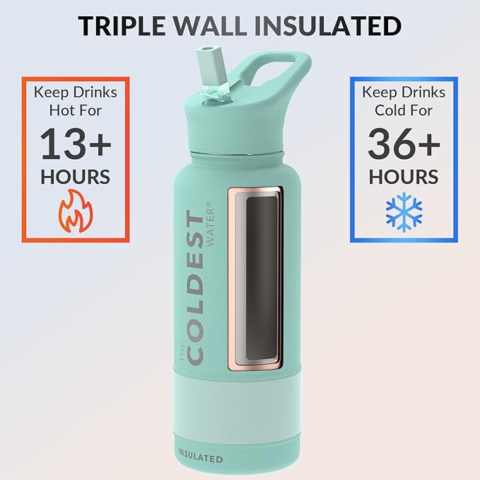 Coldest Insulated Water Bottle with Straw Lid - Stainless Steel Metal Insulated Bottle for Men & Women (Oceanic Green, 32 oz)