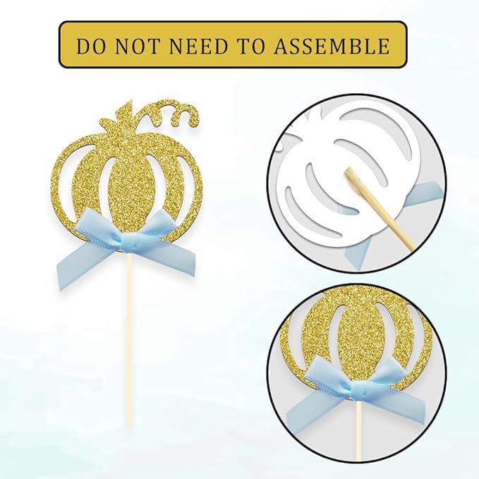 24pcs Pumpkin Cupcake Toppers, Fall Theme Cake Decoration for Baby Shower Party Supplies (Blue Bow)
