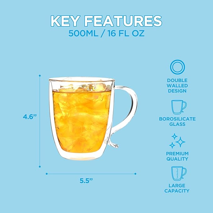GROSCHE Cyprus 16 fl. oz Double-Wall Glass Mug Set | Espresso, Latte, Tea & More | Hot & Cold Beverages | Stylish & Aesthetic | Dishwasher Safe | Heatproof | Drinking Glassware