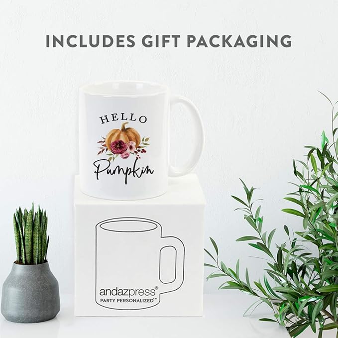 Andaz Press Fall Burgundy Marsala 11oz. Ceramic Coffee Tea Mug, Hello Pumpkin, 1-Pack, Pumpkin Floral Graphic, Birthday, Friend, Family, Coworker, Autumn Season, Festive Holiday Ideas