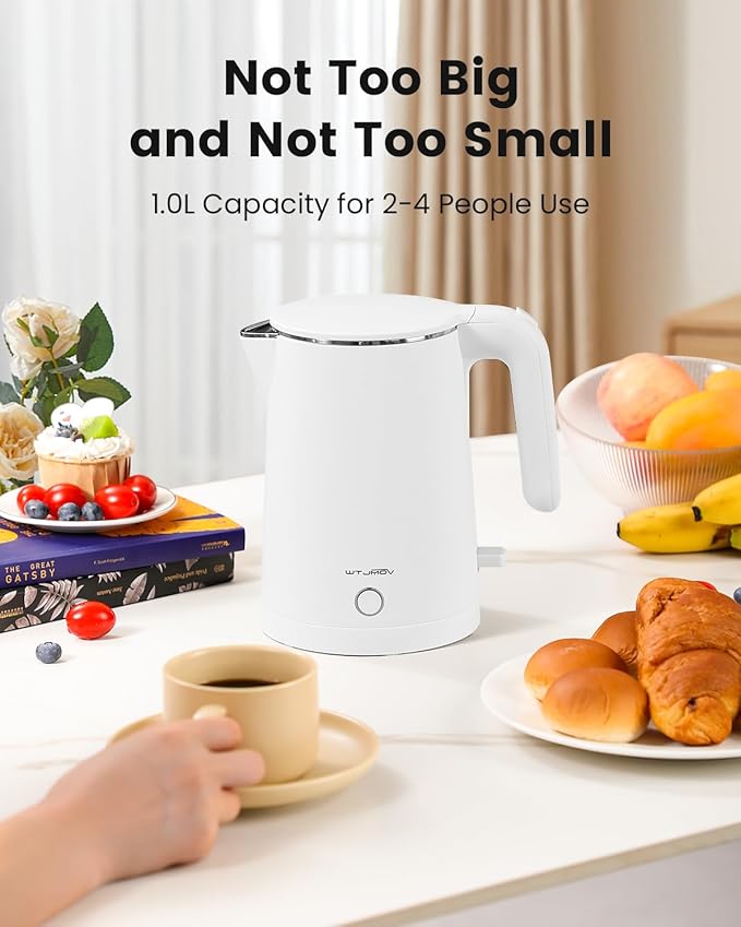 Electric Kettle Stainless Steel, 1.0L Small Water Boiler 1200W Fast Boiling, Double Wall Tea Kettle Pot Automatic Shut Off, Durable Coffee & Tea Maker/Warmer/Heater White