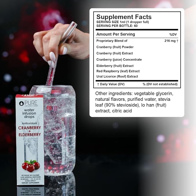Pure Inventions - Cranberry & Elderberry Water Infusion Drops - Antioxidants & Electrolytes - Health & Wellness Drink -Immunity Support -Sugar Free, Zero Calorie, No Artificial Sweeteners -60 Servings