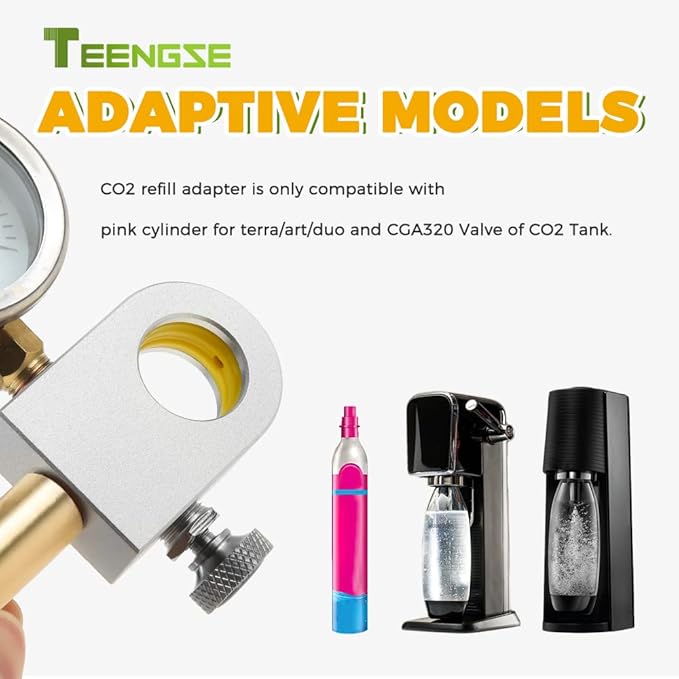 CO2 Refilling Adapter with Pressure Gauge, TEENGSE Silver Soda Exchange Carbonator Refill Quick Adapter Compatible with DUO Terra Art Soda Machine