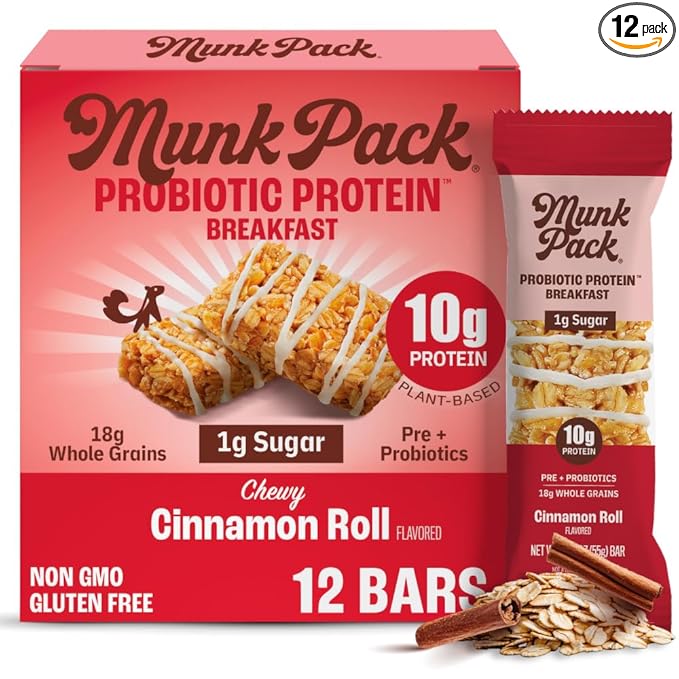 Munk Pack Cinnamon Roll Probiotic Protein Bars | 10g Plant Protein, 1g Sugar, 6g Fiber | Diabetic-Friendly Ideal Breakfast Bars - On-the-Go Snacks, Gluten-Free, Non-GMO | 12 Count