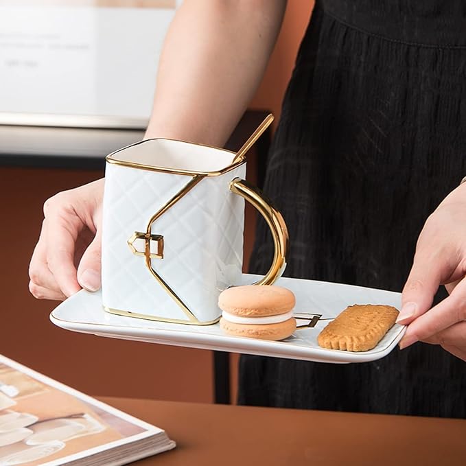 YnsfreeCeramic Purse Coffee Mugs Set Tea Cup Unique Bag shaped mug and Saucer Set with Spoon and Saucer For Women Thanksgiving Christmas Gifts (White)