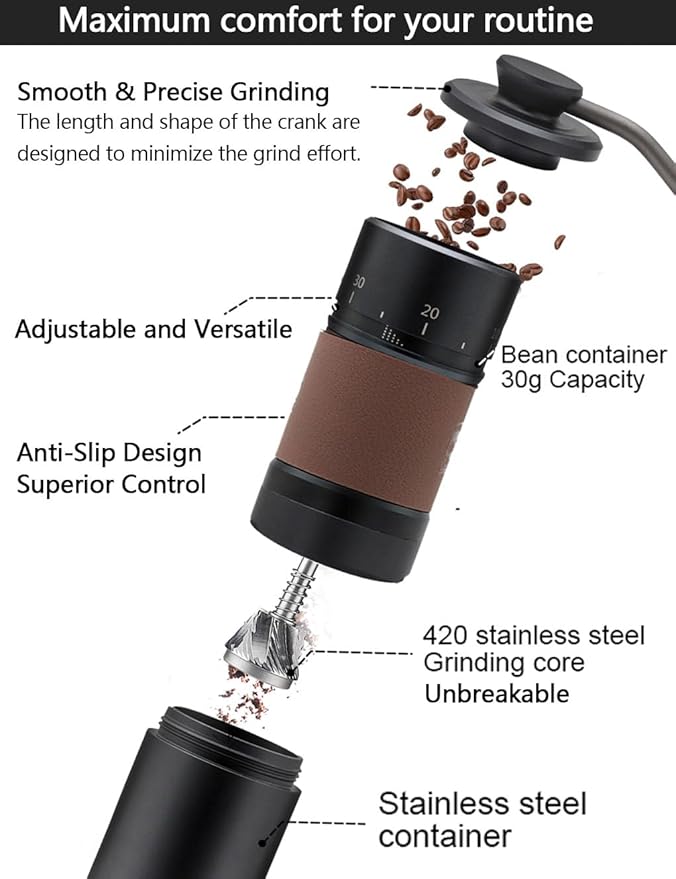 Manual coffee grinder, portable stainless steel cone grinder with solid wood knob, adjustable handle, suitable for home office travel, camping or hiking, black