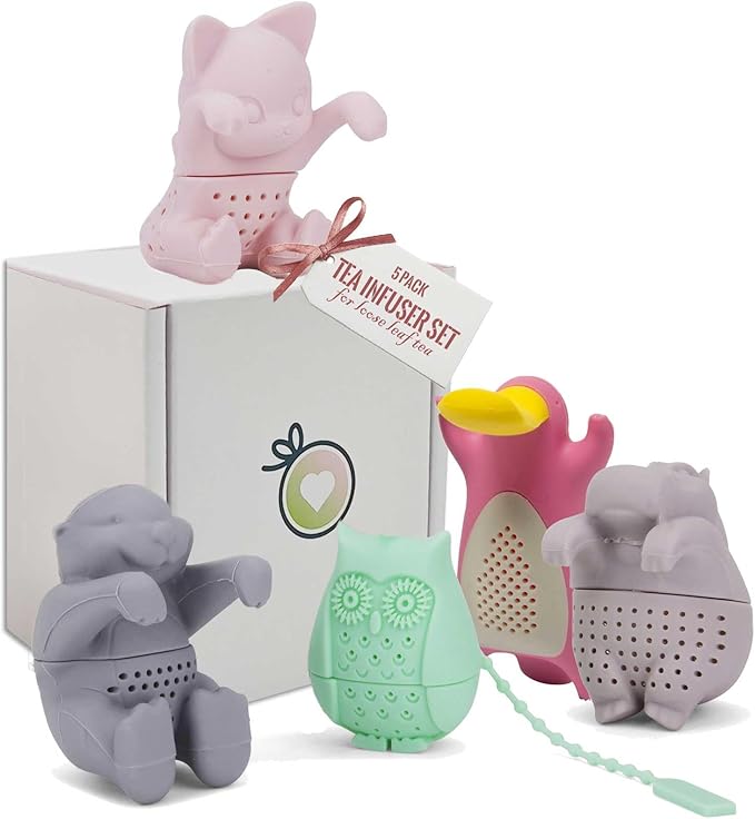 Tea Infuser for Loose Leaf Tea - Par-Tea Pack Silicone Strainer Animals, A Fun and Ideal Gift for Tea Lovers, Friends, and Family, 5-Pack Loose Leaf Steeper Set in Soft Multi-Color Designs