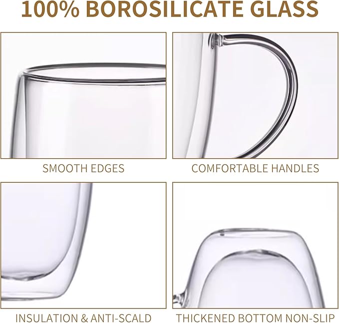 12OZ Double Wall Glass Cups With Handle, Large Glass Mugs Espresso Cups Set of 2, 330ML Clear Coffee Cup, Double Wall Insulated Mugs, Microwave Dishwasher Safe