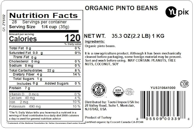Yupik Organic Pinto Beans, 2.2 lb (35.3 oz), Non-GMO, Vegan & Gluten-Free, USDA Certified, Kosher, Dried Beans, Excellent Source of Protein & Fiber, Perfect for Refried Beans, Soups & Dips