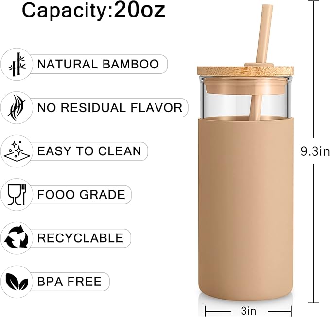 Tronco 20 oz Glass Tumbler Glass Water Bottle Straw Silicone Protective Sleeve Bamboo Lid - BPA Free - Black White/ 4 Pack