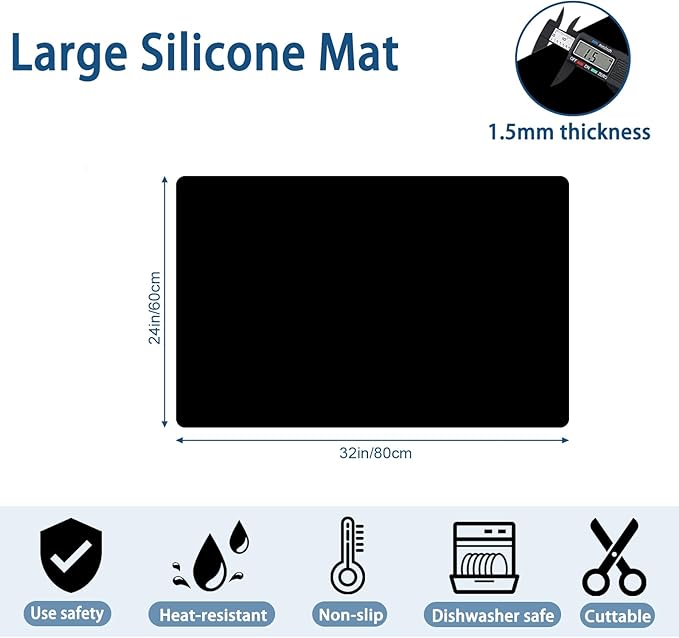 24"x32"(60cmx80cm) Silicone Mat for Kitchen Counter, Heat Resistant Non-Slip Countertop Protector, Waterproof Silicone Craft Mat for Kitchen Island, Light Gray