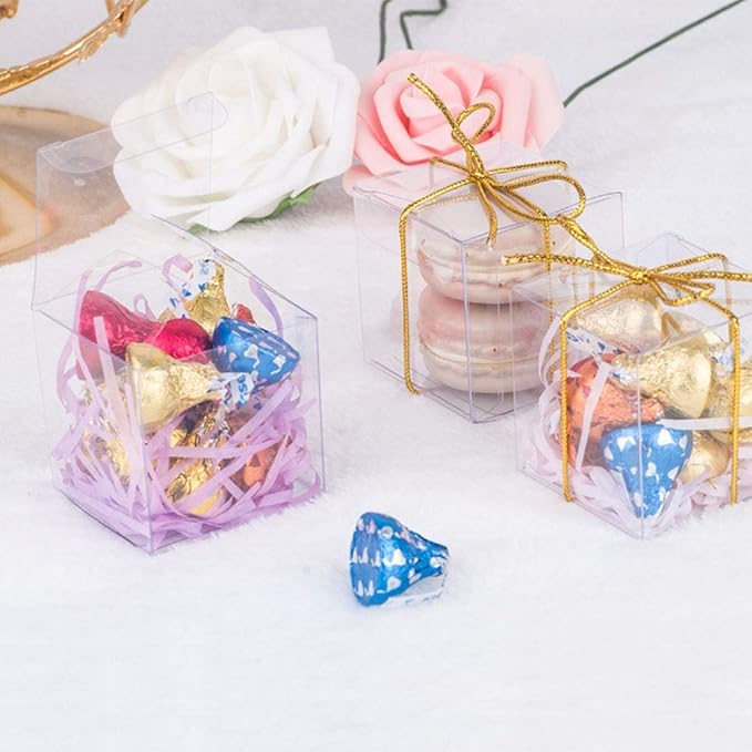 JOERSH 2x2x2 Inches Clear Boxes for Favors with Gift Ribbons, 60 PCS Mini Transparent Cube Wedding Baby Shower Birthday Party Favor Boxes, Small Gifts Display Individual Macaron Box
