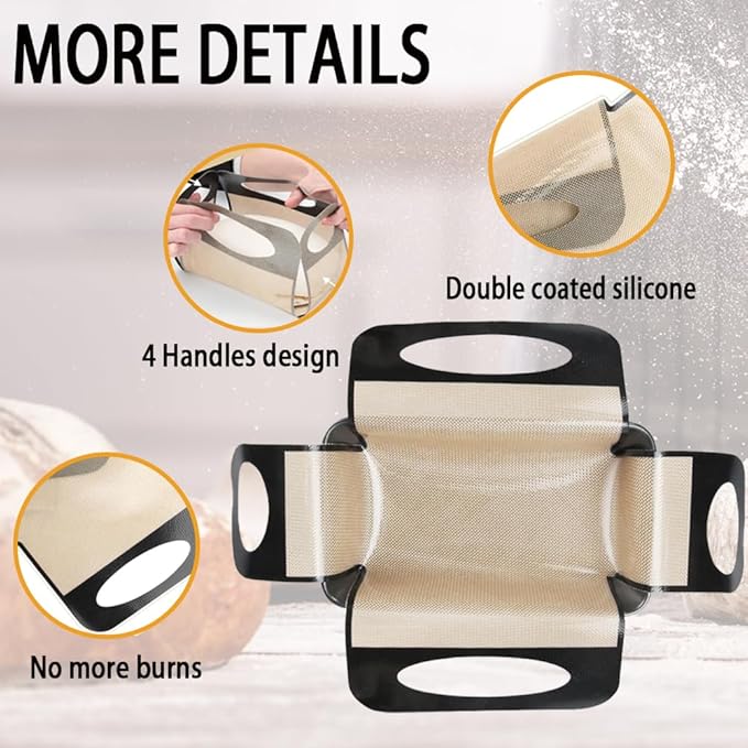 Silicone Bread Sling Mat - Reusable Sourdough Bread Making Loaf Pan Lifter Liner Non-stick & Easy Clean Dough Transfer Mats with 4 Handles Fits for 9x5" or 1.5lb Loaf Pans